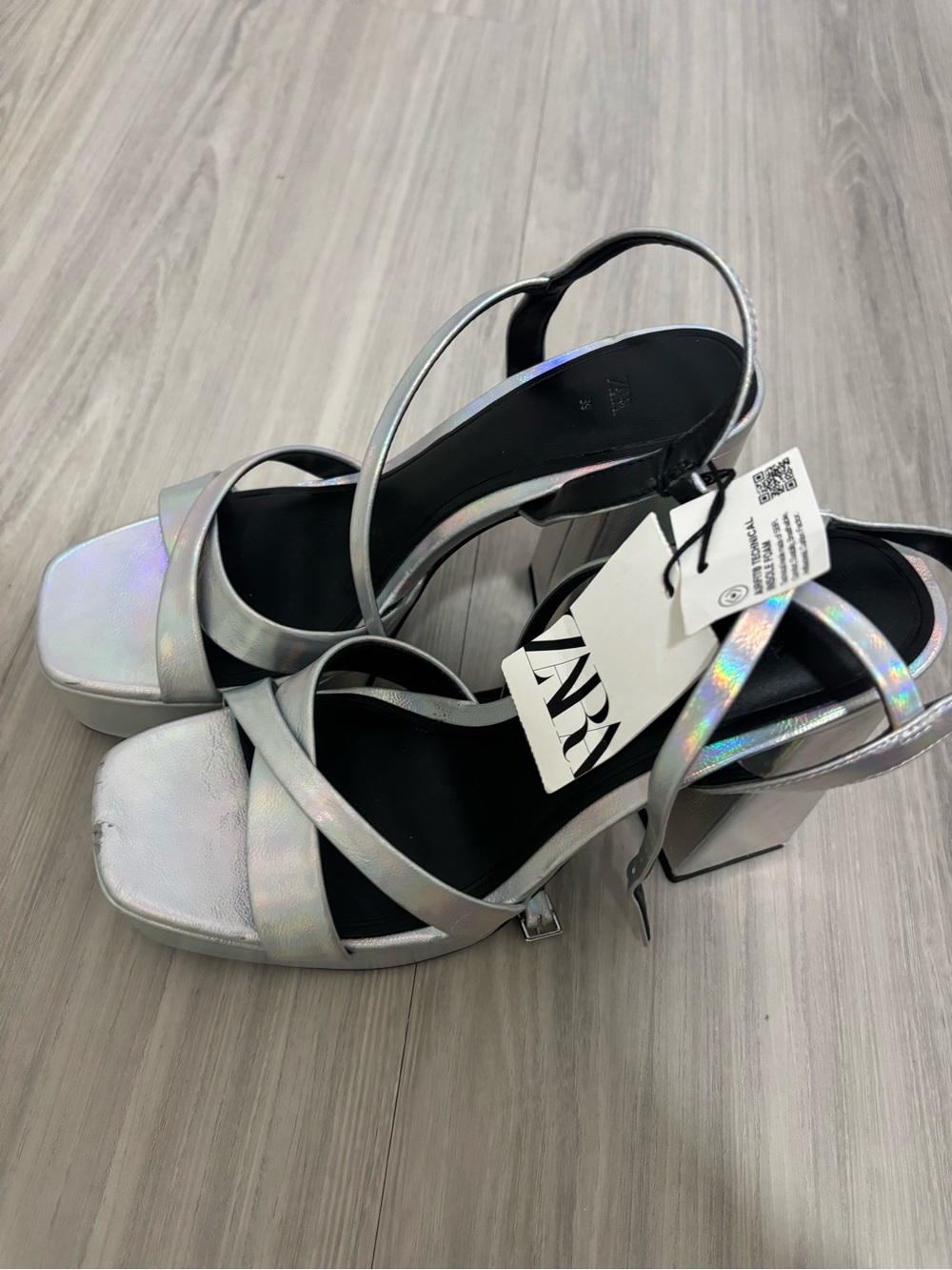 NWT Zara Iridescent Silver Cross-Strap Platform Heels